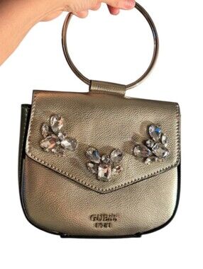 Guess Metallic Gold Mini Ring-Handle Crossbody with Crystal Accents